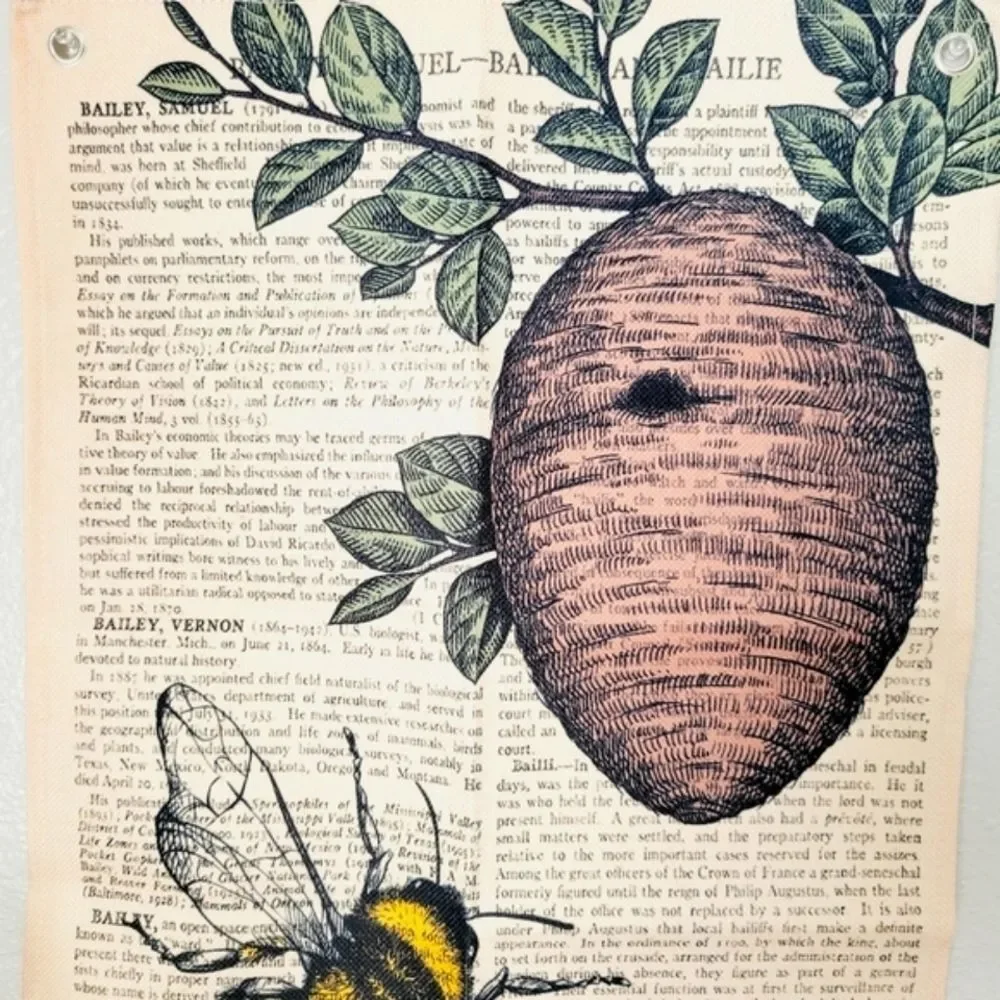 Bee Beehive Vintage Book page Wall Tapestry Tree Bohemian Rustic Drawing green